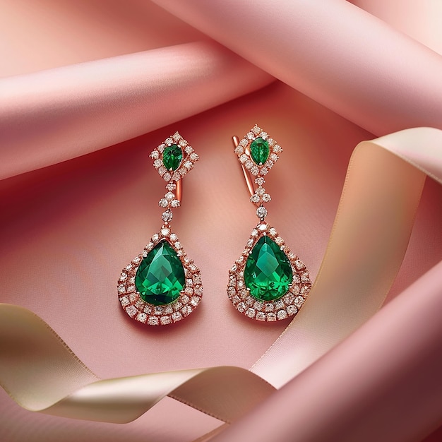 11h Create a highend topview product photograph of a pair of gold and emerald earrings with diamo