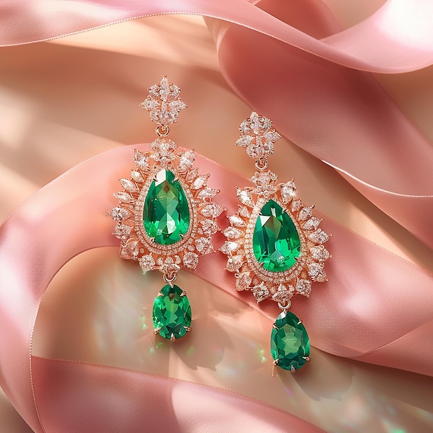 11h Create a highend topview product photograph of a pair of gold and emerald earrings with diamo