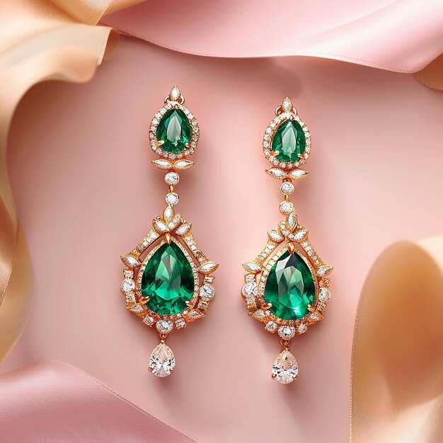 11h Create a highend topview product photograph of a pair of gold and emerald earrings with diamo