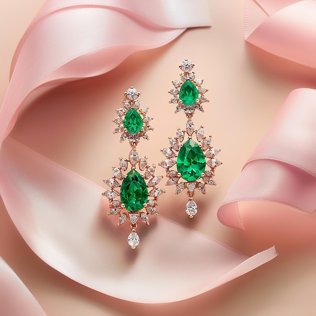 11h Create a highend topview product photograph of a pair of gold and emerald earrings with diamo