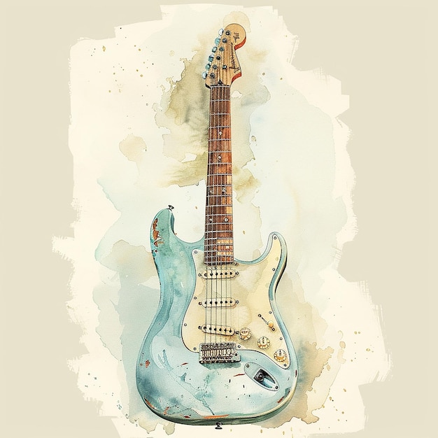 11h A watercolor painting of an electric guitar light blue Fender stratocaster with soft brushstro