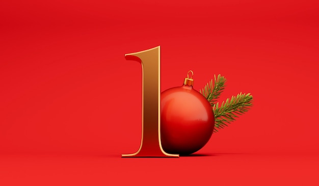 The 12 days of christmas 1st day festive background gold lettering with bauble 3D Rendering