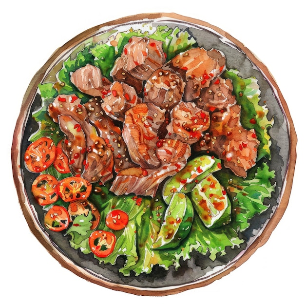 12 Moo Nam Tok Thai grilled pork salad watercolor style fresh and vibrant isolated on white background