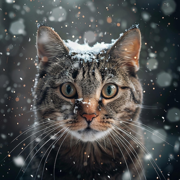 Photo 12h a cat and a snow funny close up shot of cat with snow falling on its head a cat is looking ri