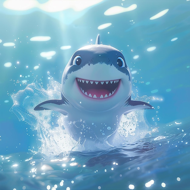 12h Cute cartoon style baby shark laughing in the sea 8k hd