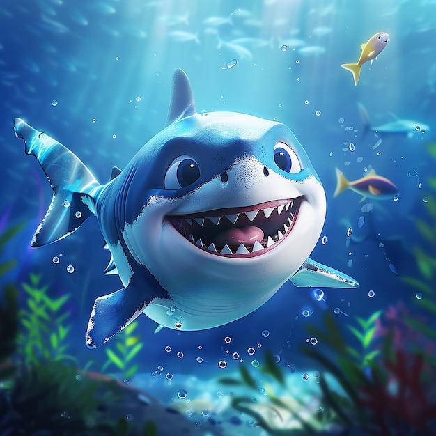 12h Cute cartoon style baby shark laughing in the sea 8k hd