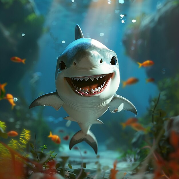 12h Cute cartoon style baby shark laughing in the sea 8k hd