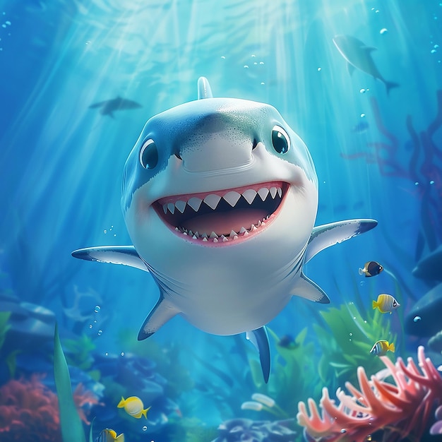 12h Cute cartoon style baby shark laughing in the sea 8k hd