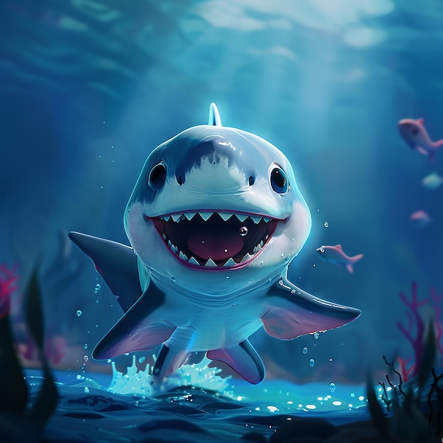 12h Cute cartoon style baby shark laughing in the sea 8k hd