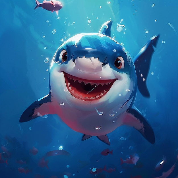 12h Cute cartoon style baby shark laughing in the sea 8k hd