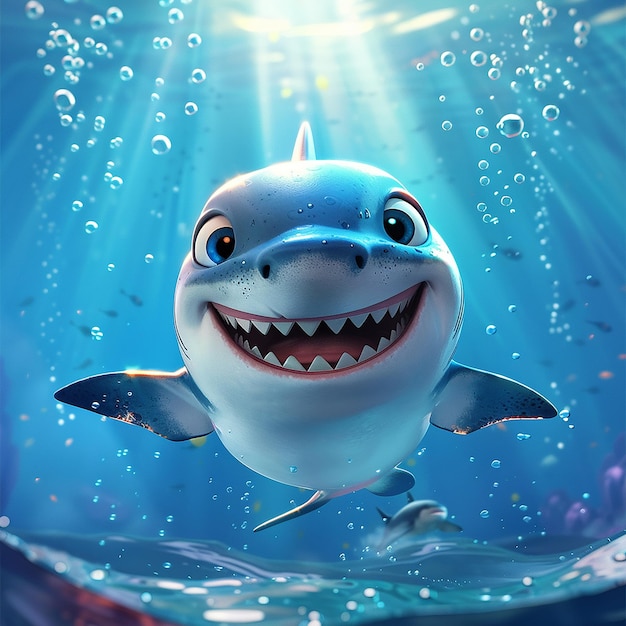 12h Cute cartoon style baby shark laughing in the sea 8k hd