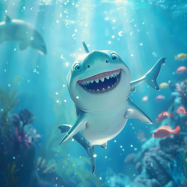 12h Cute cartoon style baby shark laughing in the sea 8k hd