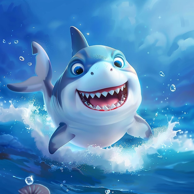 12h Cute cartoon style baby shark laughing in the sea 8k hd