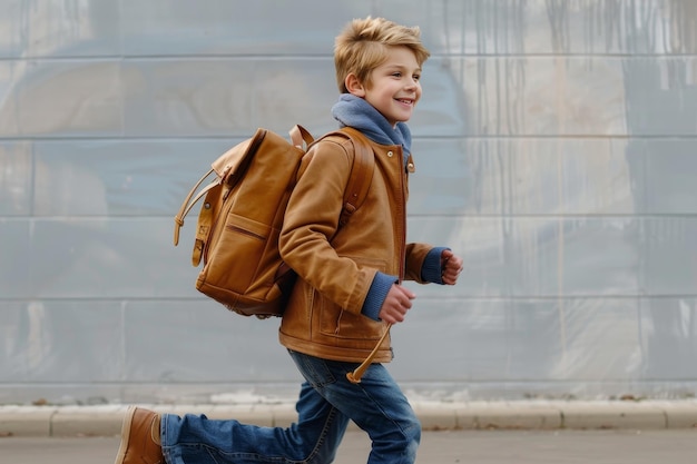 Photo 13 year old boy running with vintage leather backpack 34 angle shotdynamic movement hands on backpac