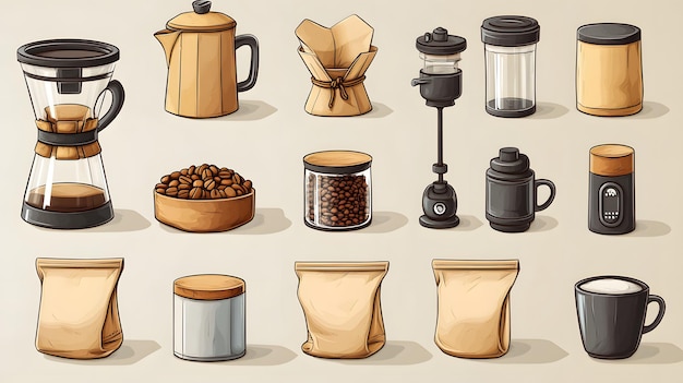 Photo 13091810 141 3d cartoon illustration of a complete coffee maker set including paper bags of beans a filter and a drip machine ideal for cafe barista design