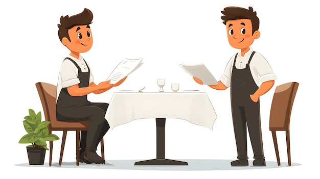 Photo 13091810 36 cartoon waiter presenting the bill to a customer at a table vector illustration isolated on a white background