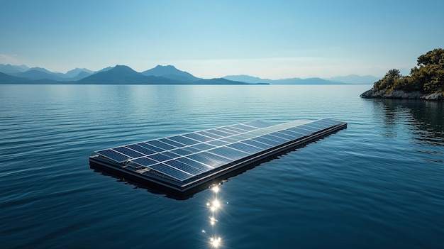 139 Floating solar farm with modern solar panels glistening in the sunlight set against a calm ocean and a clear blue sky with distant islands on the horizon