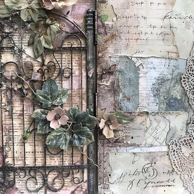 Photo 13h a junk journal page with a fairytale theme rustic garden gate with climbing ivy in a corner sh