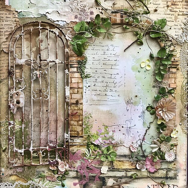 13h A junk journal page with a fairytale theme rustic garden gate with climbing ivy in a corner sh