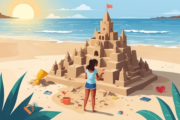 14 Design a vector of a person constructing a selflove sandcastle on the beach