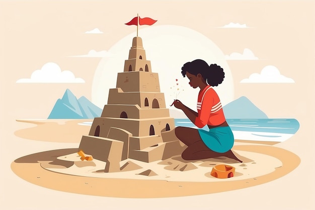 14 Design a vector of a person constructing a selflove sandcastle on the beach