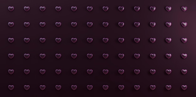 14 february 3d rendering Long banner with symmetric hearts pattern MInimalistic dark purple