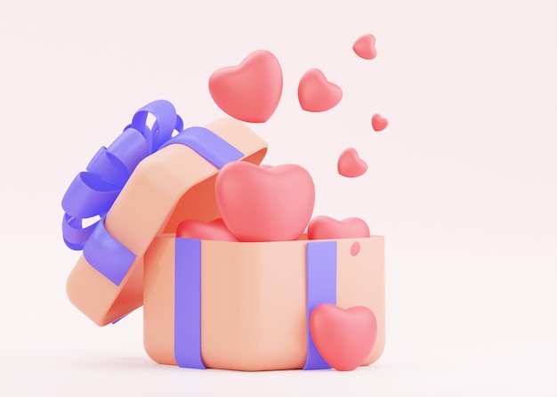 14 february Valentines day design 3D Realistic pastel gift box Opening full of shape hearts