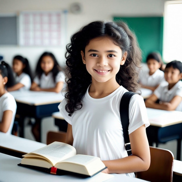 A 14 years girl curly hair black hair white t shirt holding book cute smile stand in class room