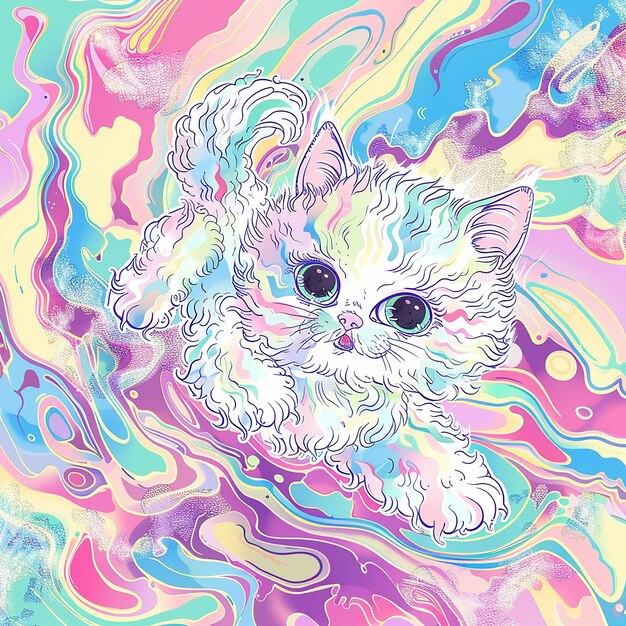 Photo 14h cute kawaii cartoon kitten brightly colored pastel color scheme happy adorable darling bea