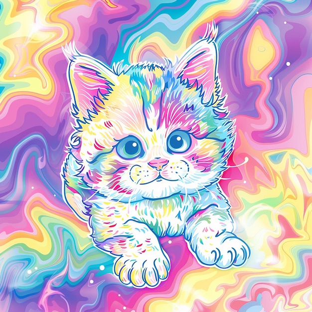 Photo 14h cute kawaii cartoon kitten brightly colored pastel color scheme happy adorable darling bea