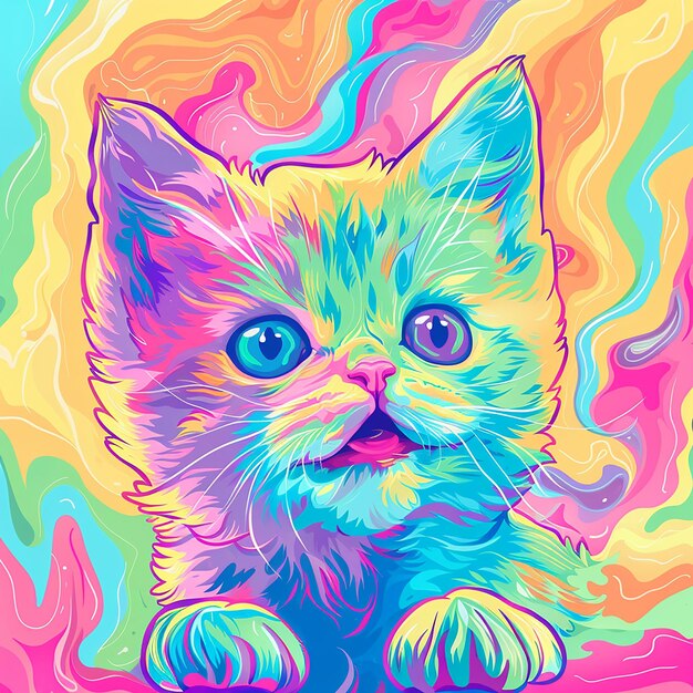 Photo 14h cute kawaii cartoon kitten brightly colored pastel color scheme happy adorable darling bea