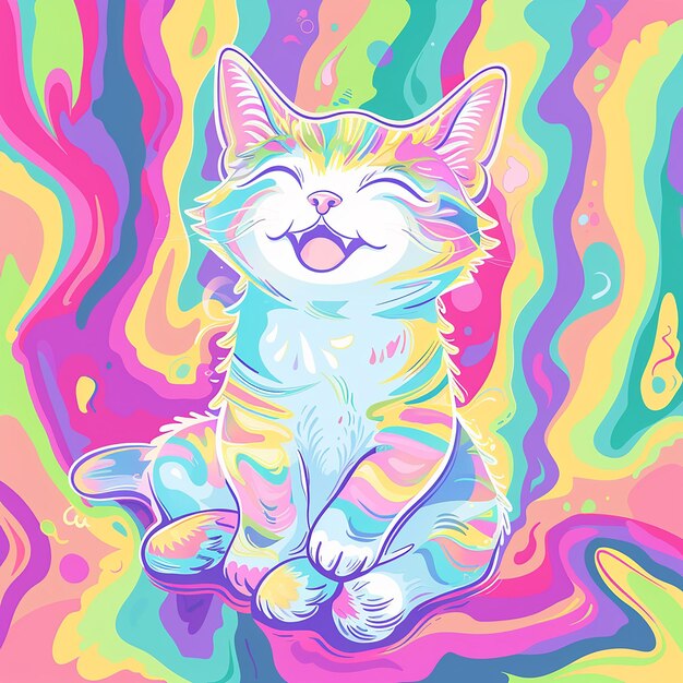 Photo 14h cute kawaii cartoon kitten brightly colored pastel color scheme happy adorable darling bea