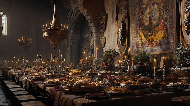 Photo 14thcentury hungarian feast large table medieval banquet hall period attire traditional food