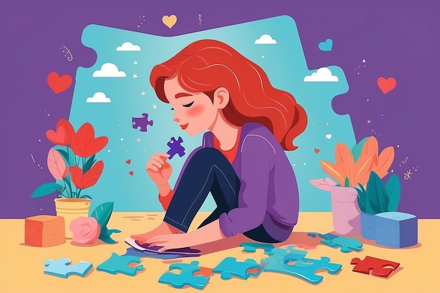 16 Illustrate someone building a selflove puzzle with pieces of selfacceptance