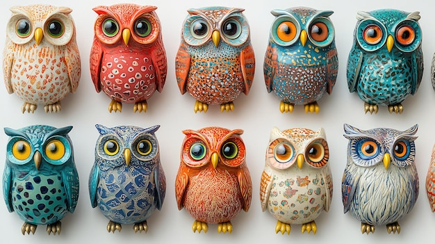 16 whimsical unique owls looking straight ahead with large identical glass eyes bursting with vibran