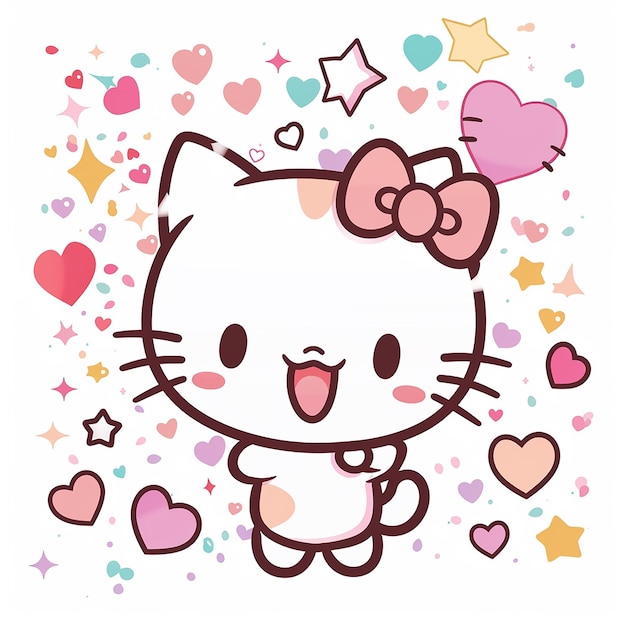 16h Cute cartoon drawing of Hello Kitty on a white background colorful with simple lines in a flat