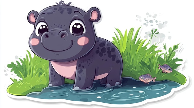 Photo 17 a baby pygmy hippo standing next to a small stream with big eyes a joyful smile and tiny fish swimming nearby designed in a soft sticker style