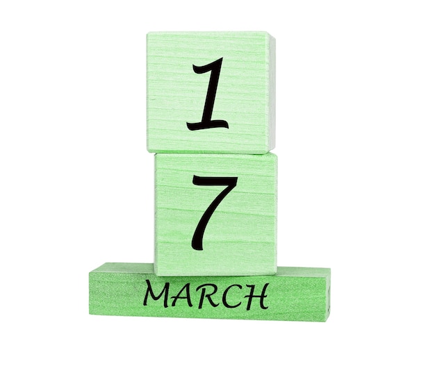 17 March green wood calendar Patrick day holiday isolated on white background