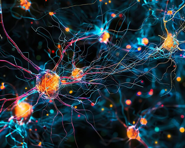 17 Microscopic visualization of brain neural signaling showing intricate synaptic connections and vivid detail high resolution