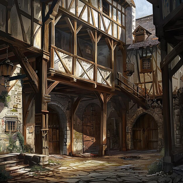 Photo 18h in fantasy book illustration anime style of interior or exterior shots of medieval buildings