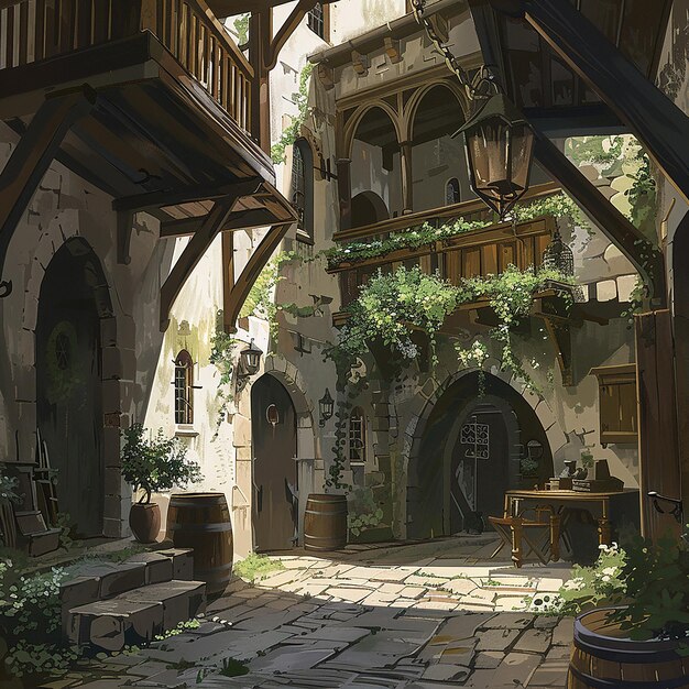 Photo 18h in fantasy book illustration anime style of interior or exterior shots of medieval buildings