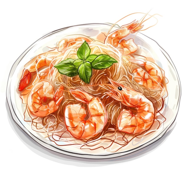 19 Shrimp with Glass Noodles Thai dish detailed drawing soft and vibrant isolated on white background