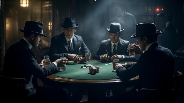 Photo 1920s underground gambling den men in pinstripe suits around poker table