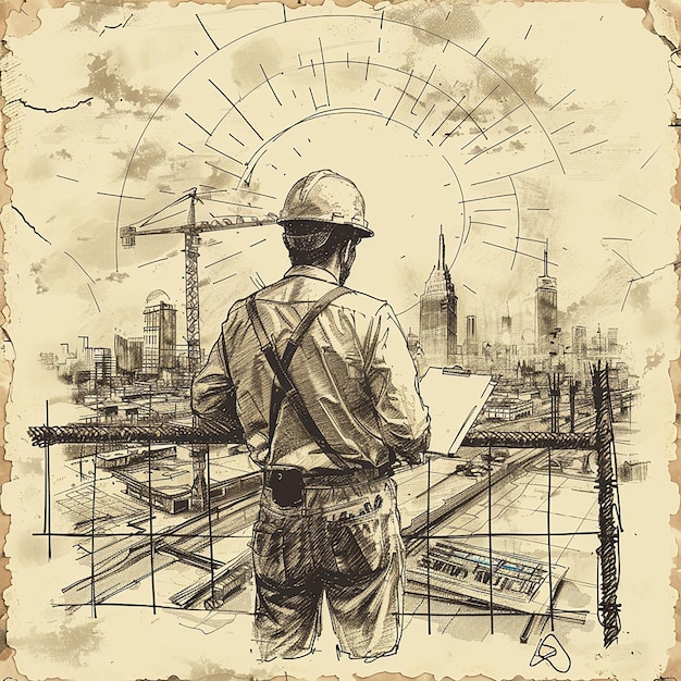 Photo 1920s1930s style sketch engineer contemplating construction site with sledgehammers and blueprint