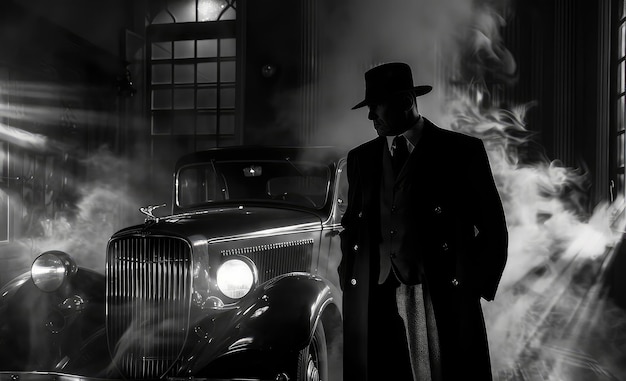 A 1930s Mafia Boss in a Smoky Street with a Vintage Car in the Background