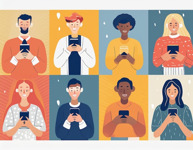 Photo 1960s retro pop art illustration of diverse people using smartphones for social media