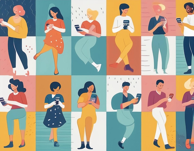 Photo 1960s retro pop art illustration of diverse people using smartphones for social media