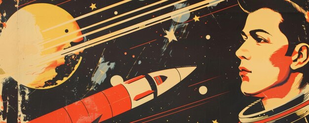 A 1960s space race poster with bold futuristic graphics