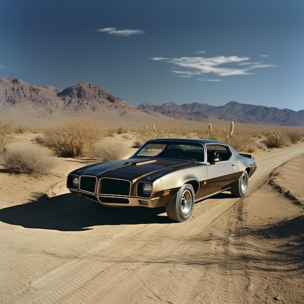 1970s grainy film photograph of a Pontiac firebird on a desert road