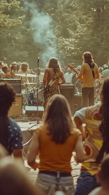 Photo 1970s outdoor concert with a band performing on stage